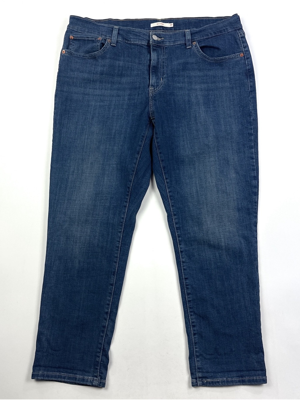 Levis Boyfriend Jeans Womens Size 33 33x27 Dark Blue Mid Rise Stretch Denim